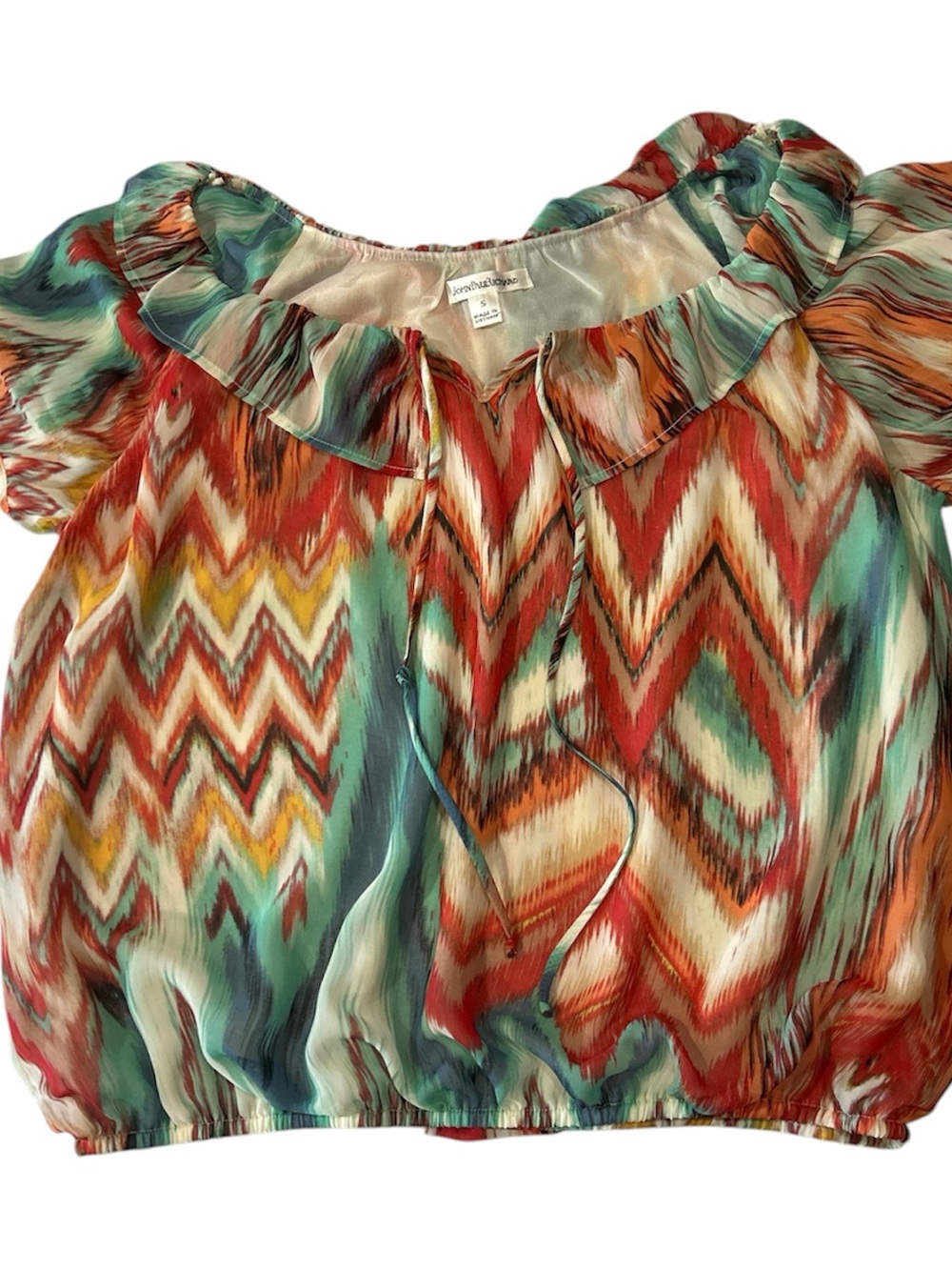 JohnPaulRichard Multicolor Chevron Ruffle-Neck Blouse Turquoise & Coral sz S - Picture 2 of 6